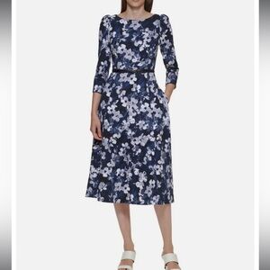Calvin Klein Navy and White Floral Midi Dress